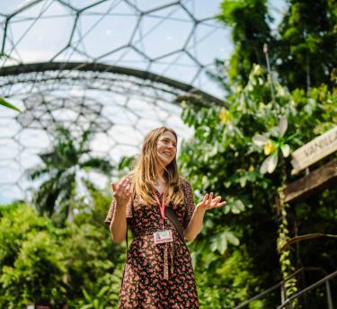 Explainer and Tale Maker presenting a talk in the Rainforest Biome
